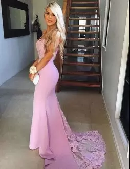 Ideal Floor Length Zipper Prom Dress Pink for Prom and Party with Lace Chapel Train