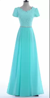 Excellent Aqua Blue A-line Beading Prom Dresses Zipper Chiffon Short Sleeves Floor Length
