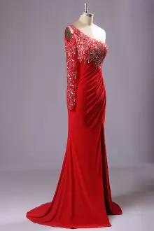 Elegant One Shoulder Sleeveless Prom Evening Gown Floor Length Beading and Lace Red Satin