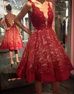 Dramatic Knee Length Red Dress for Prom V-neck Sleeveless Backless