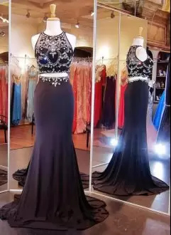 Comfortable Floor Length Two Pieces Sleeveless Black Prom Gown Sweep Train Lace Up