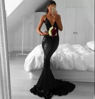 Superior Black Lace Zipper Prom Party Dress Sleeveless Floor Length Brush Train Appliques