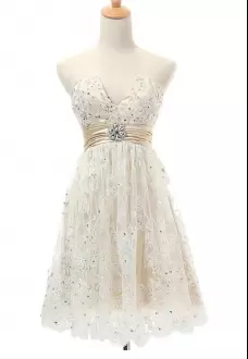 White Lace Zipper V-neck Sleeveless Mini Length Prom Party Dress Beading