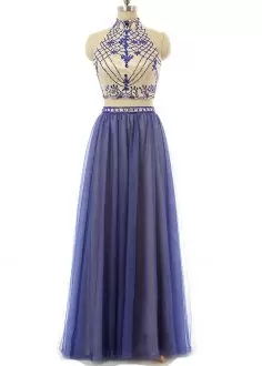 Excellent Two Pieces Hoco Dress Blue High-neck Tulle Sleeveless Floor Length Backless