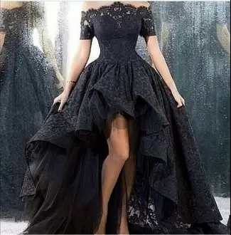 Lace Homecoming Dresses Black Lace Up Short Sleeves High Low