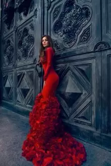 Exceptional Red Lace Up Evening Dress Ruffles Long Sleeves Floor Length Brush Train