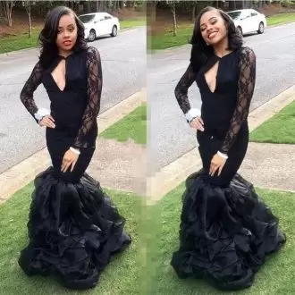 High Class Black Long Sleeves Ruffles Floor Length Homecoming Dress