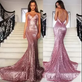 Elegant Open Back Shinning Rose Gold Sequined Long Lace Prom Evening Gown
