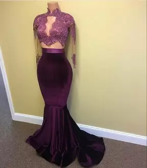 Fine Burgundy and Purple Long Sleeves Brush Train Appliques Floor Length Evening Gowns