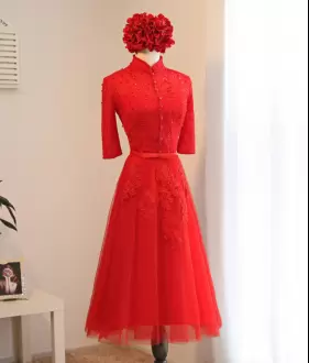 Modern Red Half Sleeves Beading and Appliques Tea Length Junior Homecoming Dress