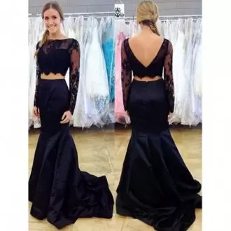 Artistic Navy Blue Evening Dress Prom and Party and Military Ball with Lace Sweetheart Long Sleeves Backless