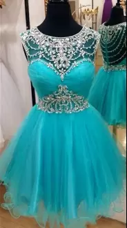 Mini Length Aqua Blue Prom Dress Tulle Sleeveless Beading and Ruching