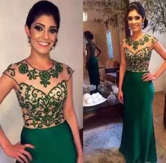 Hot Selling Cap Sleeves Floor Length Appliques Lace Up Juniors Evening Dress with Dark Green