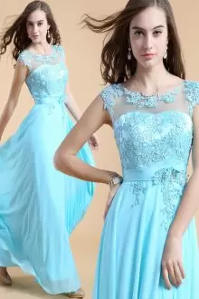 Bateau Sleeveless Lace Up Homecoming Dress Blue Chiffon Appliques and Belt