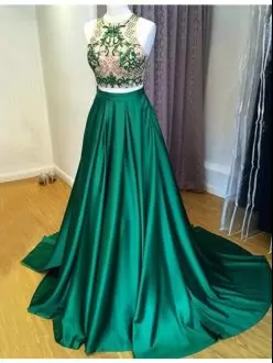 Sleeveless Embroidery Lace Up Prom Evening Gown with Dark Green Sweep Train