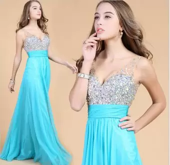 Noble V-neck Sleeveless Evening Dress Floor Length Beading Aqua Blue Chiffon
