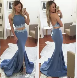 Sumptuous Blue Sleeveless Sweep Train Backless for Prom and Party