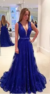 Royal Blue A-line Appliques Evening Dress Backless Lace Sleeveless Floor Length