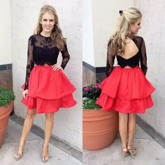 Red And Black Two Pieces High-neck Long Sleeves Lace Mini Length Backless Prom Party Dress