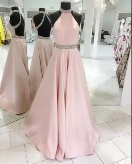 Floor Length A-line Sleeveless Pink Prom Dresses Backless
