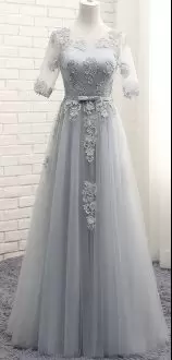 Floor Length A-line Short Sleeves Grey Homecoming Dress Lace Up