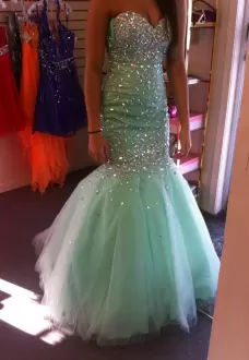 New Arrival Floor Length Mermaid Sleeveless Turquoise Dress for Prom Lace Up