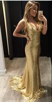 Stunning Sequined V-neck Sleeveless Brush Train Criss Cross Sequins Prom Gown in Gold