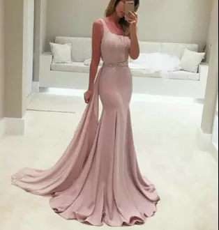 Fabulous Pink Chiffon Zipper One Shoulder Sleeveless With Train Formal Evening Gowns Brush Train Beading and Ruching and Belt
