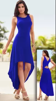 Custom Designed Royal Blue Sleeveless High Low Ruching Prom Dress Scoop