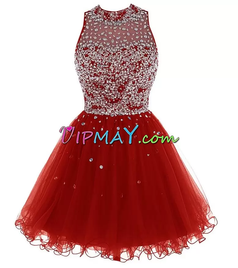 Fine Wine Red Lace Up High-neck Beading Prom Dress Tulle Sleeveless
