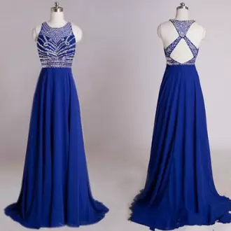 Royal Blue Chiffon Halter Top Beaded Top Keyhole Back Prom Dress with Train
