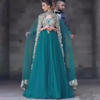 Nice Sleeveless Tulle Floor Length Zipper Evening Party Dresses in Teal with Lace and Appliques