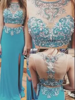 Graceful Side Zipper Homecoming Party Dress Aqua Blue for Prom and Party with Beading Sweep Train