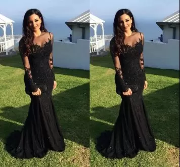 Mermaid Long Sleeves Black Prom Dress Sweep Train Lace Up