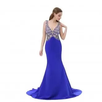 Trendy White and Royal Blue Satin Lace Up Prom Evening Gown Sleeveless Floor Length Sweep Train Beading and Lace