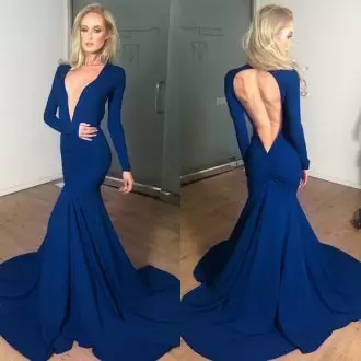 Flare Long Sleeves Floor Length Ruching Backless Homecoming Dresses with Navy Blue Court Train