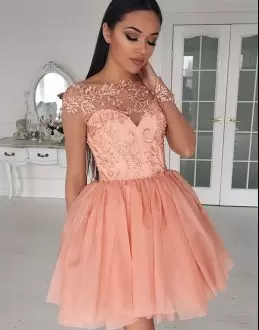 Custom Made Peach Zipper Prom Dress Beading and Lace Cap Sleeves Mini Length