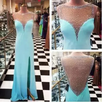 Glorious Scoop Sleeveless Homecoming Dress Floor Length Beading Turquoise Chiffon