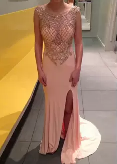 Beading Dress for Prom Pink Zipper Sleeveless With Brush Train