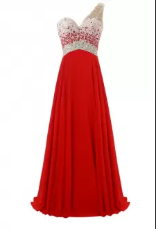 Cheap Modest Red One Shoulder Backless Crystals Evening Outfits Sleeveless