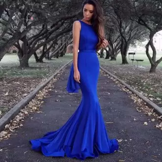 Royal Blue Satin Lace Up Homecoming Party Dress Sleeveless With Train Sweep Train Beading and Lace