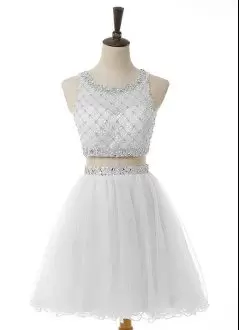 Classical Scoop Sleeveless Prom Dress Mini Length Beading White Tulle