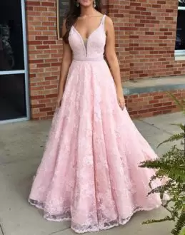 New Arrival Pink A-line V-neck Sleeveless Lace Floor Length Lace Up Lace Prom Evening Gown