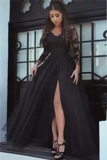 Pretty Sweetheart Long Sleeves Sweep Train Lace Up Homecoming Gowns Black and Blue Satin and Organza Beading and Lace
