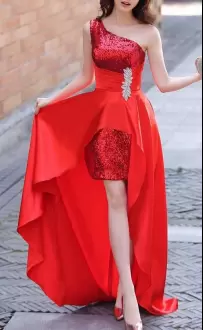 Flirting Lace Up Dress for Prom Red for Prom and Party with Beading and Sequins and Ruching Sweep Train
