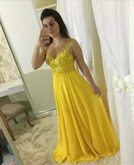Empire Prom Dress Yellow Spaghetti Straps Chiffon Sleeveless Floor Length Side Zipper