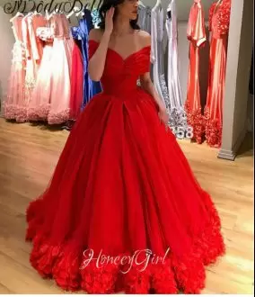 Charming Ball Gowns Prom Evening Gown Red Off The Shoulder Organza Sleeveless Floor Length Lace Up