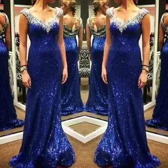 Glorious Sequined V-neck Sleeveless Sweep Train Side Zipper Beading and Sequins Prom Dresses in Royal Blue