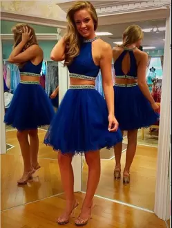 Cute Royal Blue Hoco Dress Prom and Party with Beading Halter Top Sleeveless Backless