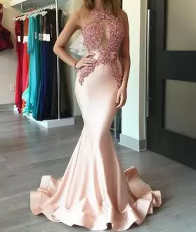 Beautiful Pink Mermaid Appliques Prom Dresses Lace Up Satin Sleeveless
